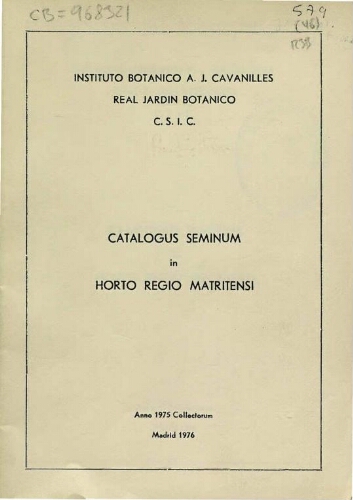 Index seminum in Horto Botanico Matritensi ... 1975