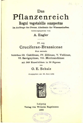 Cruciferae-Brassiceae. Pars secunda. Subtribus III. Cakilinae, IV. Zillinae, V. Vellinae, VI. Savignyinae, VII. Moricandiinae. In: Engler, Das Pflanzenreich [...] [Heft 84] IV. 105