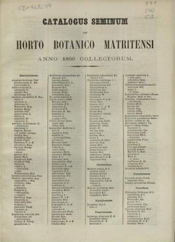 Index seminum in Horto Botanico Matritensi ... 1866