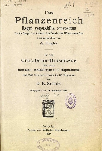 Cruciferae-Brassiceae. Pars prima. Subtribus I. Brassicinae et II. Raphaninae. In: Engler, Das Pflanzenreich [...] [Heft 70] IV. 105