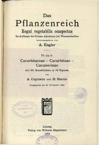Cucurbitaceae-Cucurbiteae-Cucumerinae. In: Engler, Das Pflanzenreich [...] [Heft 88] IV. 275. II
