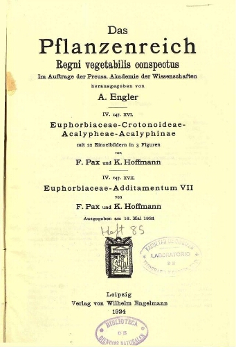Euphorbiaceae-Crotonoideae-Acalypheae-Acalyphinae. In: Engler, Das Pflanzenreich [...] [Heft 85] IV. 147. XVI [...]