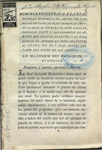 Memoria presentada a la Real Sociedad Económica de Amigos del País de Valencia en 30 de setiembre de 1800