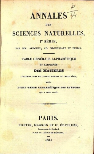 Annales des sciences naturelles [...] Table générale des matières