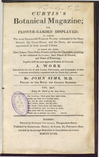 Curtis's Botanical Magazine (1801). Vol. 45 (Vol. 3 of the new series)