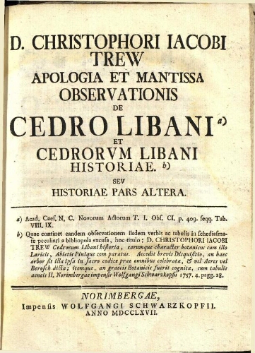 Apologia et mantissa observationis de Cedro Libani et Cedrorum Libani historiae