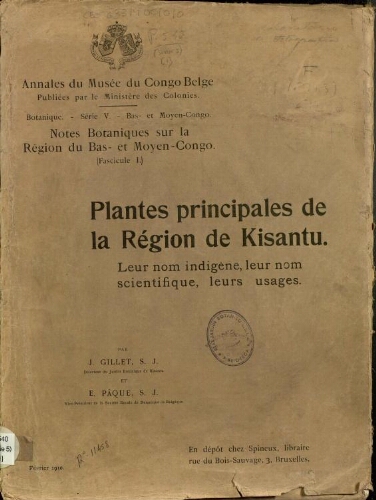 Annales du Musée du Congo (Belge). Série V. Botanique. Tome IV -- Fasc. 1