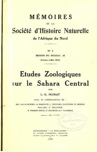 Mémoires de la Société d'histoire naturelle de l'Afrique du nord. Nº 4