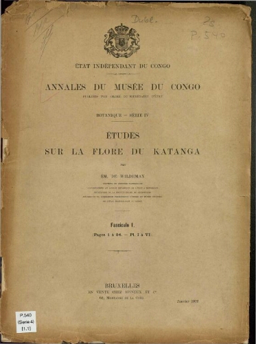 Annales du Musée du Congo (Belge). Série IV. Botanique. Tome I -- Fasc. 1