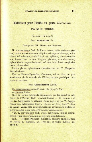 Materiaux pour l'étude du genre Hieracium [...] [Fragment IV (1915)]