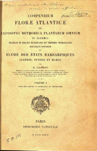 Compendium florae Atlanticae [...] Volume I. Première partie.- Historique et Géographie