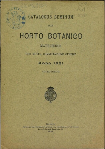 Index seminum in Horto Botanico Matritensi ... 1921