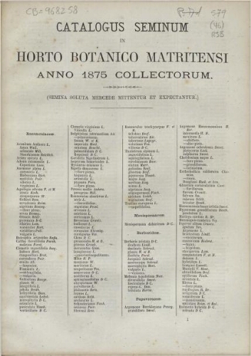 Index seminum in Horto Botanico Matritensi ... 1875