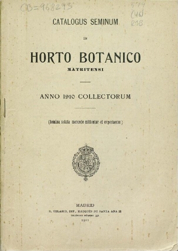 Index seminum in Horto Botanico Matritensi ... 1910