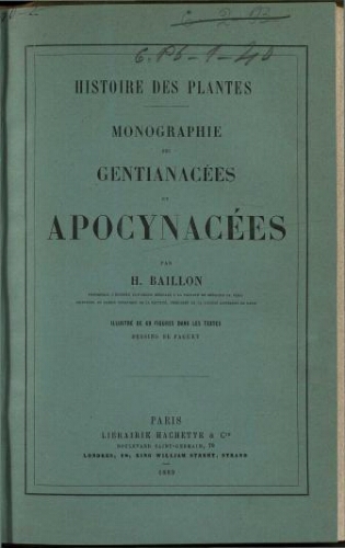 Histoire des plantes. Monographie des Gentianacées et Apocynacées