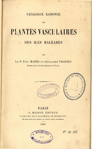 Catalogue raisonné des plantes vasculaires des îles Baléares