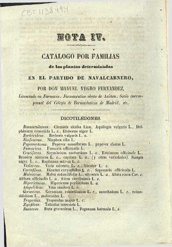 Catálogo por familias de las plantas determinadas en el partido de Navalcarnero