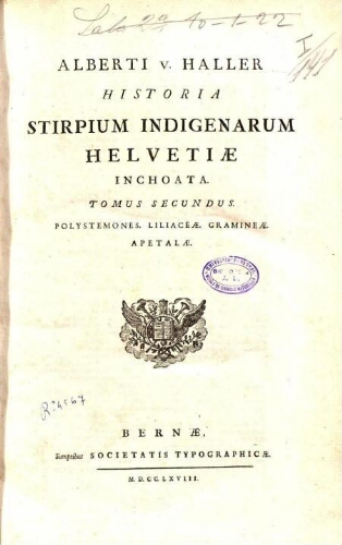 Historia stirpium indigenarum Helvetiae inchoata. Tomus secundus