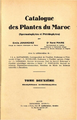Catalogue des plantes du Maroc. Tome deuxiéme. Dicotylédones Archichalamydées