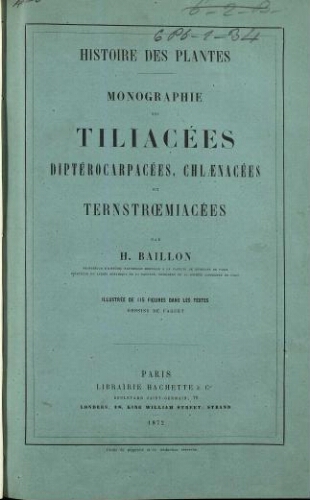 Histoire des plantes. Monographie des Tiliacées, Dipterocapacées, Chlaenacées et Ternstroemiacées