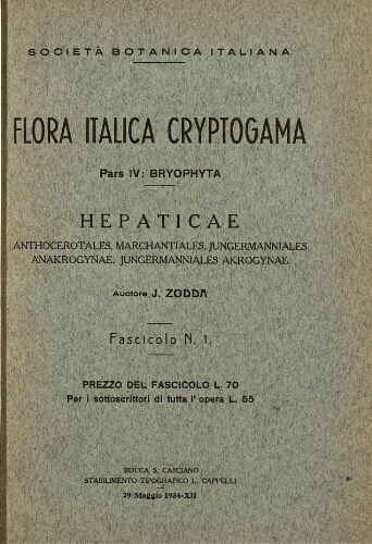 Flora Italica cryptogama. Pars IV: Bryophyta. Hepaticae [...] Fasc. N. 1