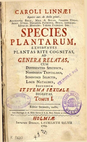 Species plantarum [...] Tomus I. Editio Secunda